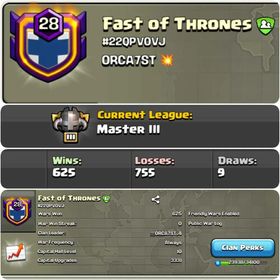 CU-3331➤CLAN LEVEL 28➤ MASTER LEAGUE 3➤NAME: Fast of Thrones ➤ RARE ENGLISH NAME ➤ CLAN CAPITAL10 || WIN-625  | LOSS-755 ➤LOW PRICE
