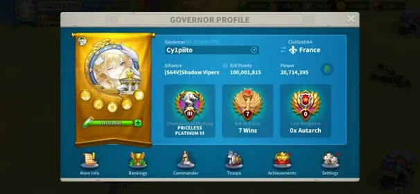 20M Power - KD 4064, Ready to Migrate to 'Season 2' Offseason - Pyrrhus 5544, Cao Cao 5511 - VIP 11 - 500K+ T4 Infantry - 100M+ Kill Points #533