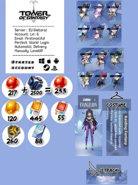 EU (Astora) | Lvl:6 | 233 Red Nucleus+ Lana+Nola+Nemesis Voidpiercer+Nan Yin+Grey Fox+7 SSR+120 Gold Nucleus+,costume,jetpack | event banner 45/80 | #tf28