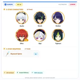 [EU] AR48 | Kamisato Ayaka+Kinich+Raiden Shogun+Skyward Spine+Diluc C2+Qiqi+Tighnari | 0-5000 Primogems | Female | All Unlinked