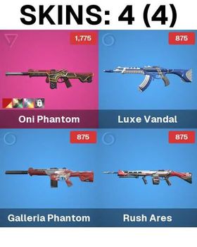 AP | 4 Skins | Expired Iron | Oni Phantom | Luxe Vandal | Galleria Phantom | Rush Ares | Dallah Buddy | EP 1 // 3 Coin Buddy | EP 2 // 1 Coin Buddy | EP 2 // 3 Coin Buddy | Fortune Paws Buddy
