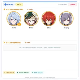 [EU] AR49 | Kamisato Ayato C1+Emilie+Diluc+Keqing | 0-5000 Primogems | Female | All Unlinked
