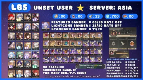 [ASIA LB5] TL70 Himeko Nova + E1 Archer + Firefly + E1 Aglaea + Phainon + The Herta + Jingyuan + E1 Castorice Account