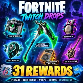 Fortnite Skeletal Cyberscythe + FNCS Immortal + Tome of Skulls + The Helm Guitar + Hoppa Sack + 26 Items