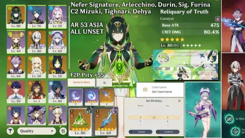 [ FLASH SALE ] Nefer Signature + Durin + Arlecchino + Sig. Furina + C2 Mizuki Etc. | ALL UNSET | Pity 55 | Fast Respon