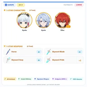 [EU] AR51 | Kamisato Ayaka+Kamisato Ayato+Haran Geppaku Futsu+Skyward Blade+Skyward Harp | 0-5000 Primogems | Female | All Unlinked