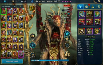 Lv 53|846K Power|2 Mythic(HieroPhant,Gharol)+25 Legend(Ninja,Rathalos,Ragash,Harima,Geomancer,Etc)|19K Energy|Plarium|RSL1783