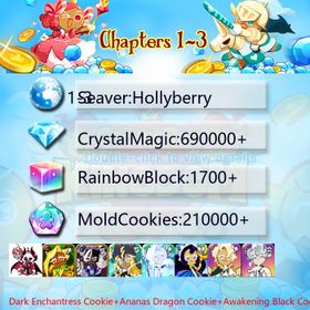 Hollyberry|Dark Enchantress Cookie+Ananas Dragon Cookie+Awakening Black Cocoa+Thor Cookie+Frost Queen+Moonlight Queen+Condensed cream+Oyster Cookie|Crystals690000+|Rainbow Cubes210000+|Cookie Cutters1700+|Chapters 1-3 iOS/Android/Starter Account|446713S