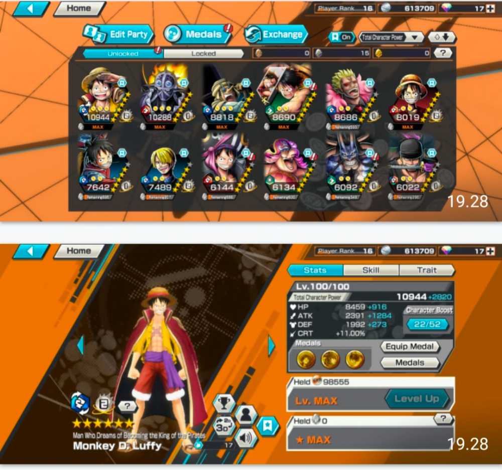 3EX LUFFY MAX Ft KAIDO V3 N ZORO ACCOUNT LEVEL 16 CHAR EXTREME 