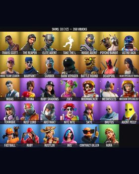 33 Skins Travis Scott ⭐️ The Reaper ⭐️ Elite Agent ⭐️ Take The L ⭐️ Deadpool ⭐️ Astro Jack ⭐️ Meowscles ⭐️ Midas ⭐️ Aura ⭐️ Psycho Bandit ⭐️ Skye ⭐️ Ruby Shadows ⭐️ Warpaint ⭐️ Carbide ⭐️ Dark Voyager ⭐️ Rose Team Leader ⭐️ Ruby ⭐️ Iris ⭐ m9090790553