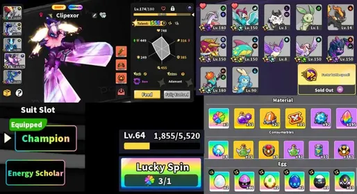 ENDGAME Evomon | Clipexor + Wispreign + Arcapex + Viparch | 13 Shiny Prismatic | Lvl 64 | 2 Eternal Suit | x2 Battle Speed | Loaded Inventory | Loaded Titles | Instant Delivery [RBLx110]