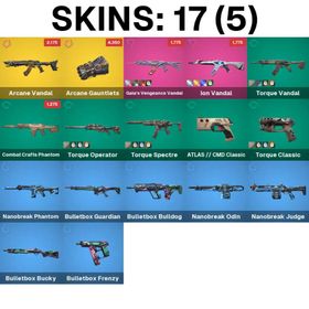AP | 17 Skins + 1 Knife | Expired Ascendant | Arcane Vandal | Arcane Gauntlets | Gaia's Vengeance Vandal | Ion Vandal | Torque Vandal | Combat Crafts Phantom | Torque Operator | Torque Spectre | ATLAS // CMD Classic | Torque Classic | Nanobreak Phantom | Bulletbox Guardian | Bulletbox Bulldog | Nanobreak Odin | Nanobreak Judge | Bulletbox Bucky | Bulletbox Frenzy