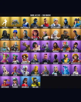 42 Skins Mako ⭐️ Take The L ⭐️ Blue Team Leader ⭐️ Jennifer Walters ⭐️ Groot ⭐️ Carbide ⭐️ Sun Strider ⭐️ Drift ⭐️ Darth Vader ⭐️ Redline ⭐️ Ocean ⭐️ Kit ⭐️ Jules ⭐️ Rust Lord ⭐️ Storm ⭐️ Aquaman ⭐️ Wolverine ⭐️ Valor ⭐️ Siona ⭐️ Zoey ⭐️ m9160902274