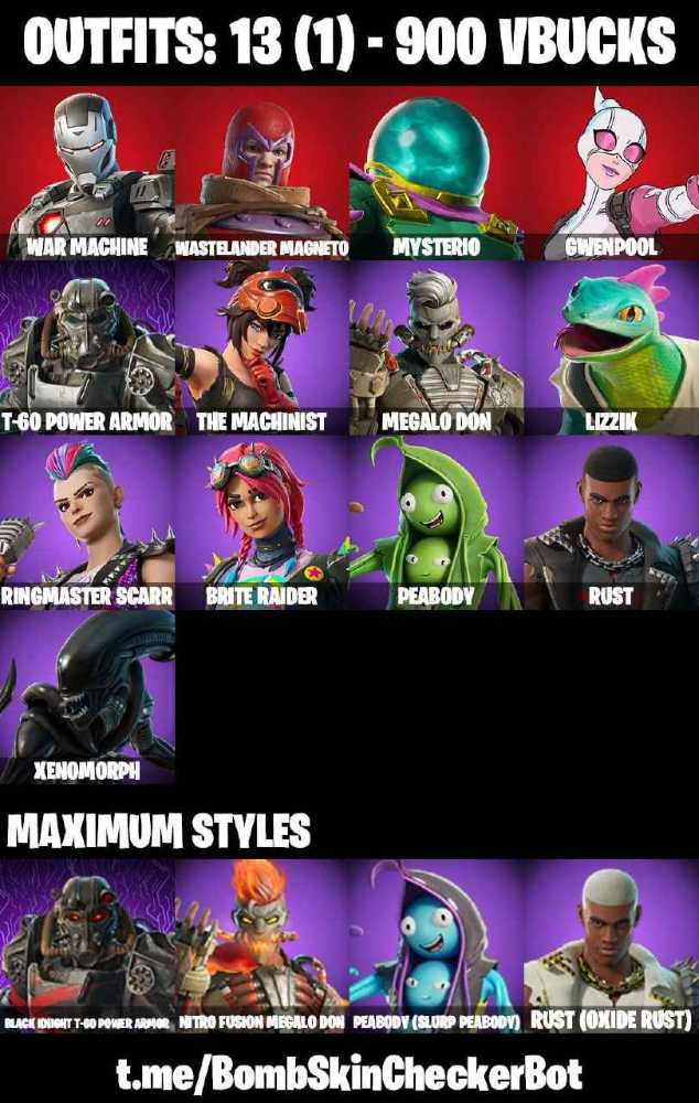 13 SKINS+XENOMORPH+PEABODY(MAX)+RUST(MAX)+THE MACHINIST+EVIL PLAN ...