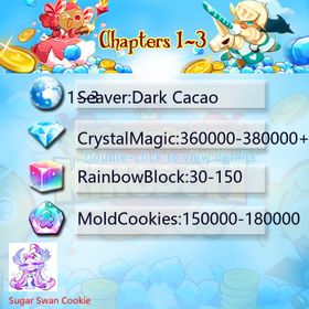 Dark Cacao|Sugar Swan Cookie|Crystals360000-380000|Rainbow Cubes150000-180000|Cookie Cutters30-150|Chapters 1-3 iOS/Android/Starter Account|JGHY