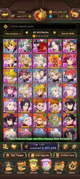 Global, 3.556💎6,5 Million buff, 9LR + 11UR + 13 collab chars : Full 9 Rezero chars + Full 4 Gachiakuta chars, have UR Nemesis Meliodas + Special Reward Box + 260x LR coin