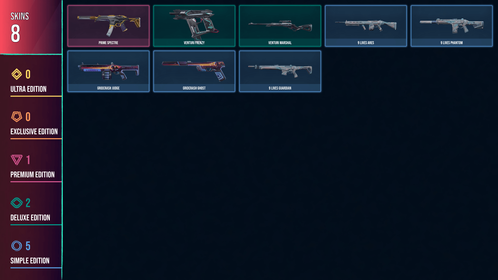 🥑 LATAM 🥑 8 SKINS 🥑 VALUE: 1775 VP 🥑 Prime Spectre 🥑 Venturi Frenzy 🥑 Venturi Marshal 🥑 9 Lives Ares 🥑 9 Lives Phantom 🥑 Gridcrash Judge 🥑 Gridcrash Ghost 🥑 9 Lives Guardian 🥑 RANKED READY 🥑 27 LEVEL 🥑 INSTANT DELIVERY 🥑 FULL ACCESS 🥑 FdeRE 🥑