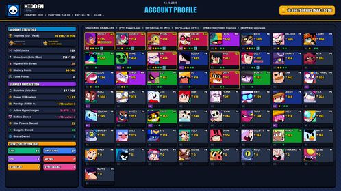 GEMS SPENT 5391 💙 17k TROPHY 💙 69 SKINS 💙 GODZILLA BUZZ 💙 SURGE LIGHTYEAR 💙 HOOT HOOT SHELLY 💙 SQUAD BUSTER SHELLY 💙 DARK ANGEL COLT 💙 SUPER RANGER BROCK YELLOW 💙 ROBO SPIKE 💙 EL REY PRIMO 💙 UNDERWORLD BO 💙 PIANO 8-BIT 💙 LOGMAS SPIKE 💙 57 BRAWLERS 💙 7 MAX