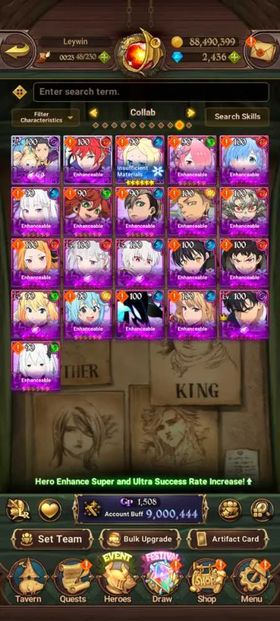 Global, 2.550💎New UR Gawain 2/6, 9 Mil buff, 11LR+🔥17UR + 21 collab chars : Full Gachiakuta + Full Rezero + Full Fire Force + Full Solev + Konosuba, Have 252x LR coin + Special Reward Box