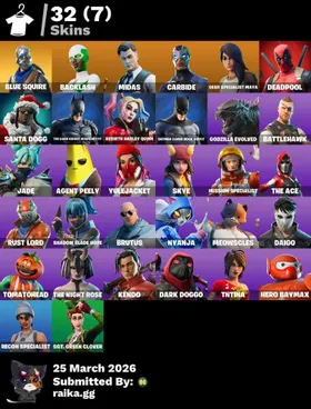 ☄️PC/PSN/XBOX ☄️32 skins 🔥Blue Squire 🔥Take The L🔥 Backlash 🍂 Midas 🍂 Carbide 🍂 Gear Specialist Maya 🍂 Deadpool 🍂 Santa Dogg 🍂 The Dark Knight Movie Outfit🍂500 VB