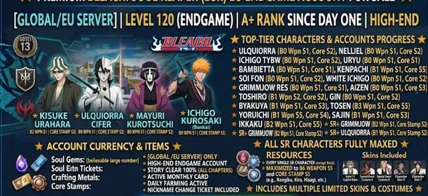 BSR377 – Endgame EU Whale Account | A+ Since Day One, Kisuke B2, Fully Built Roster & Maxed SR Collection