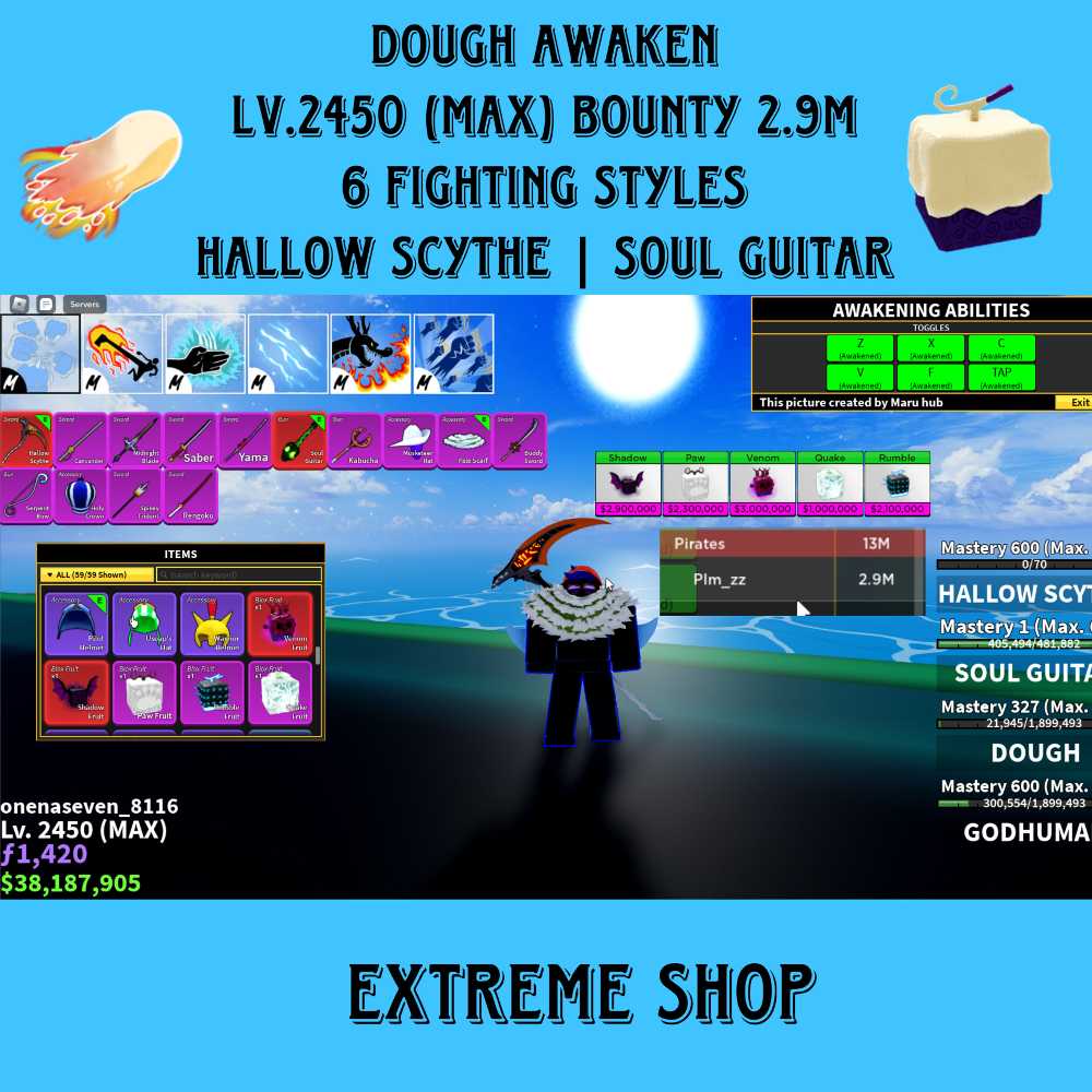 Blox Fruit Account Lv2450Max V3 Shark Awaken Dough GodHuman