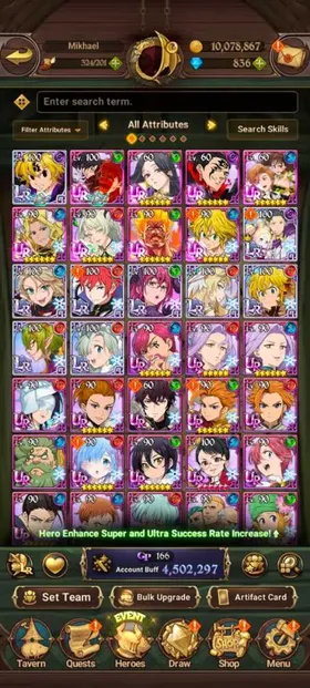Global, 836💎4,5 Million buff, 9LR + 9UR + 9 collab chars : 5 Rezero chars + Full Gachiakuta, have Newest UR Meliodas LR, Story only at chapter 10 + Side story all fresh