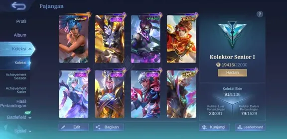 EX 346|LV 31|HERO 68|SKIN 91|SENIOR I|2 MAX EMBLEM|KARINA KOF|GRANGER M7|CLAUDE BLAZING|HANABI VENOM|4 EPIC (IRITHEL,VALIR,LUNOX,KHUFRA)|2 STARLIGHT|9 SPECIAL|