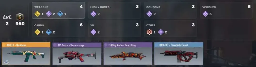 AK117-Holidays ✨D13 Sector - Sweaterscape ✨Folding Knife - Scorching ✨2lvl/1Legend/2Epic/1Rare/950 C ✨HVK-30 - Fiendish Feast ✨[LS]