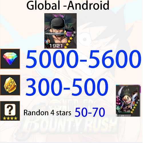 Global [Android only] 50005600gems 300500shards 4 Onigashima Zoro