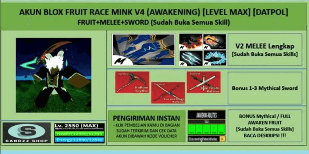 Blox Fruit Race Mink V4 (Awakening) [Level MAX][Melee Fruit Sword All