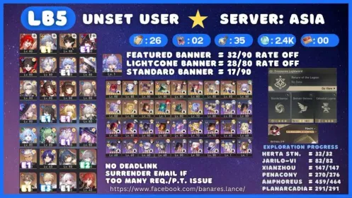 [ASIA LB5] TL70 Himeko Nova + E1 Archer + Firefly + E1 Aglaea + Phainon + The Herta + Jingyuan + E1 Castorice Account