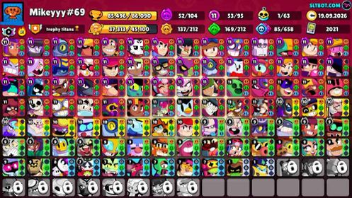 85K Trophies LVL171 | 95/107 Brawlers | 53 Max Brawlers - 37 Hypercharge | 271 Skins | 841 Pins | 451 Icons | 223 Sprays