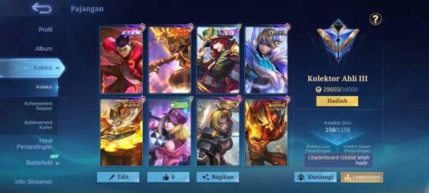 EX 416|LV 61|HERO 108|SKIN 158|EXPERT III|ALL MAX EMBLEM|NATALIA COLLECTOR|CHOU STUN|SUN LUNARFEST|CLINT MYTHIC|AKAI ANNIVERSARY|JULIAN MEOW|2 BLAZING|10 EPIC|
