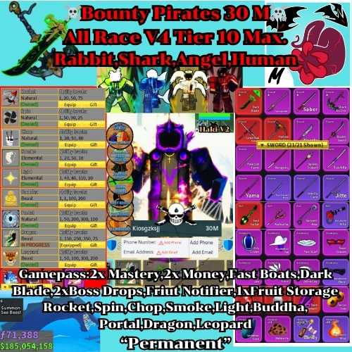 COMPTE BLOXFRUIT ,2 storage,X2 money,X2 mastery,human full v4,angel v4