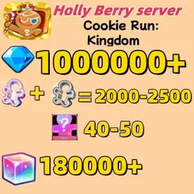 Holly Berry server|1000000+ Crystals+| 2000～2500 Cookie Cutters | random 40-50 Epic Cookies|Includes 6 Random Ancient / Dragon / Legendary / Epic Cookies|Ancient Legacy I: Pure Vanilla Cookie selected, Ancient Legacy II Selector unused, 300/300 Legendary Selector unused, includes Limited BTS Costume Selector, randomly includes BTS Limited items|iOS/Android |Cookie Run: Kingdom