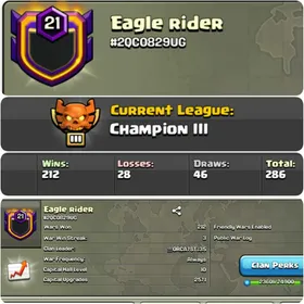 CU-2571 ||CLAN LEVEL 21 || CHAMPION LEAGUE 3 ||NAME: Eagle Rider || RARE ENGLISH NAME ||CLAN CAPITAL 10 || WIN- 212 | LOSS- 28 ||LOW PRICE