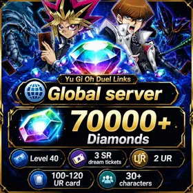 Global | Level 40 | 70000+ Diamonds, 3 SR dream tickets, Character ticket, Remaining diamonds can be collected in the mailbox and in life, 2 UR, 100-120 UR card, 30+ characters, 240 chip, Crackdown x1, Warning Point x3, Book of Moon x3, Mystical Space Typhoon x3, Cosmic Cyclone x3, Dark Hole x3, Karma Cut x3, Treacherous Trap Hole x2, Forbidden Chalice x3, Wall of Disruption x1, Skill Card, Monster Reborn, Blue-Eyes Alternative White Dragon