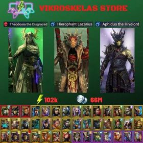 Starter with 3 Mythical : Theodosia + Lazarius + Aphidus: 102k energy / 66 mln coins / Lyssandra, Arix, Ninja + 22 Login Legendaries