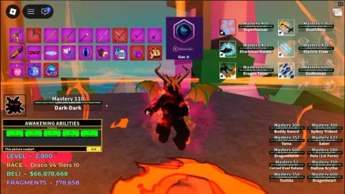 Blox Fruit | Level 2800 | Draco V4 T10 | Awakening Dark  | Godhuman | Cursed Dual Katana | 66M Beli / 78K Flagment | Unverified Account | Instant Delivery