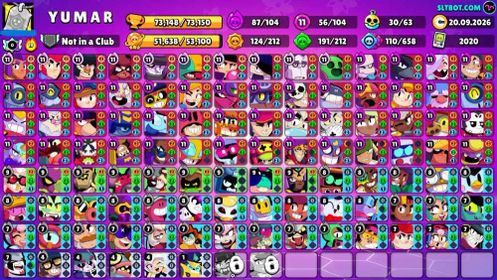 73K Trophies LVL133 | 104/107 Brawlers | 56 Max Brawlers - 54 Hypercharges | 362 Skins | 961 Pins | 576 Icons | 310 Sprays