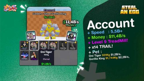 [🔥BONUS PET!!] Gorilla King Account 515,589KG | SPEED 36.1B/s | MONEY 18.7B/s | Max Treadmill | Ready to Play