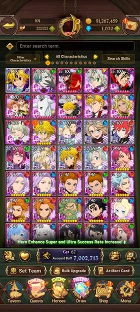 Global, 1.020💎7 Million buff, 9LR + 12UR + 15 collab chars : 8 chars Rezero + Full Fire Force + Full Konosuba + Gachiakuta Zanka, have UR Nemesis Meliodas LR