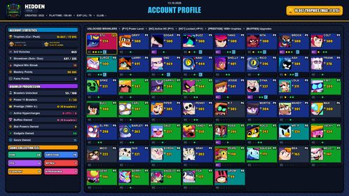 GEMS SPENT 3905 💙 17k TROPHY 💙 55 SKINS 💙 GODZILLA BUZZ 💙 SQUAD BUSTER SHELLY 💙 HACKER BROCK 💙 SUPER RANGER BROCK RED 💙 SUPER RANGER BROCK BLUE 💙 DYNASTY MIKE 💙 OMEGA BOX DARRYL 💙 BYRON THE WHITE 💙 PSG SHELLY 💙 HANDSOME COLT 💙 53 BRAWLERS 💙 1 MAX