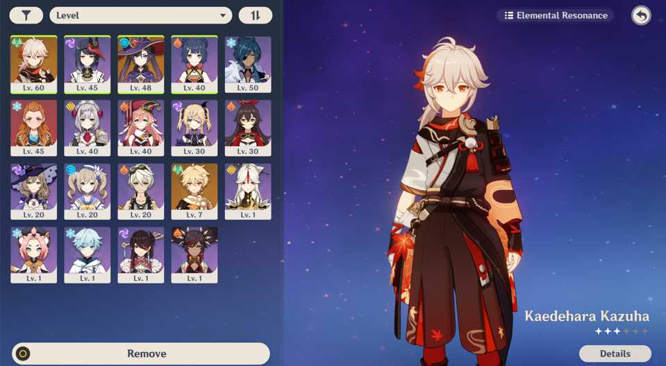 5Star = Kazuha , Mona , Aloy , and Intertwined Fate = 33 , history = 63