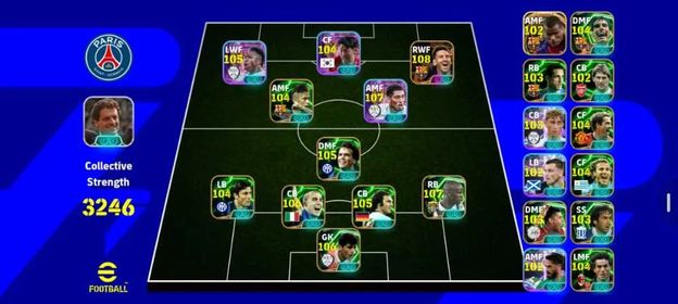🔥Collective Strength- 3246🔥(MSN) BigTime Messi (108)🔥Blitz Curler Son (104)🔥Epic Neymar (104)🔥ShowTime Bellingham (107)🔥ShowTime Vini jr (105)🔥Epic Matthaus (105)🔥Epic Thuram (107)🔥Epic Cannavaro (106)🔥Epic Beckenbouer (105)🔥Epic Gk Casillas (106)🔥Epic Zenetti (104)🔥Epic Forlan (104)🔥Epic Owen (104)🔥Epic Guardiola (104)🔥Epic Donadoni (104)🔥BigTime Rivaldo🔥Epic Belletti🔥Epic Adam🔥Epic Rijkaard🔥Epic Raul🔥Robertson🔥Isco🔥Hujisen🔥Many POTW/ShowTime/Highlight Cards🔥8x Best Managers (2x Paid)🔥Konami Linked/G-Lost🔥 #3000