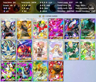 4652 ENG cards ✨Pack Hourglass 2492 ✨5 Crown (Eevee Bag, Raichu, Palkia ex, Mewtwo ex, Mantyke) ✨Total Shiny 35 ✨3*(AR+) 16 ✨Poke Gold 47