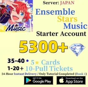 JP|[Fast Delivery]5300+ Diamonds | +35-38 Random 5 stars +| 1–20 ten-pull tickets | Android|IOS | Ensemble Stars Music