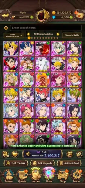 Global, 4.710💎Newest UR Gawain, 7,4Mil buff, 6LR+🔥16UR+13 collab chars : 6 chars Rezero + Full Gachiakuta + Full Fire Force + Konosuba, have newest UR Gawain + UR Nemesis Meliodas LR