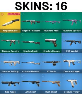 AP | 16 Skins + 1 Knife | Expired Bronze | Kingdom Knife | Kingdom Phantom | Hivemind Ares | Hivemind Spectre | Kingdom Spectre | Kingdom Bucky | Kingdom Classic | .EXE Vandal | Couture Bulldog | Couture Marshal | .EXE Odin | Couture Stinger | .EXE Judge | .EXE Ghost | Hush Ghost | Couture Frenzy | Dallah Buddy | #RUK2